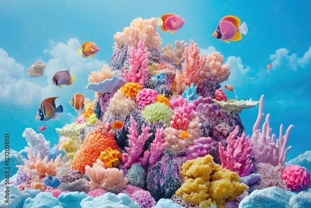 Obraz premium Vibrant coral reef teeming with colorful fish underwater in a tropical ocean environment