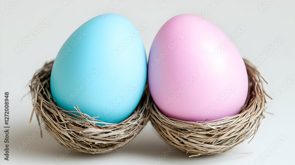 Fototapeta premium Pastel Easter eggs in bird nests on white background
