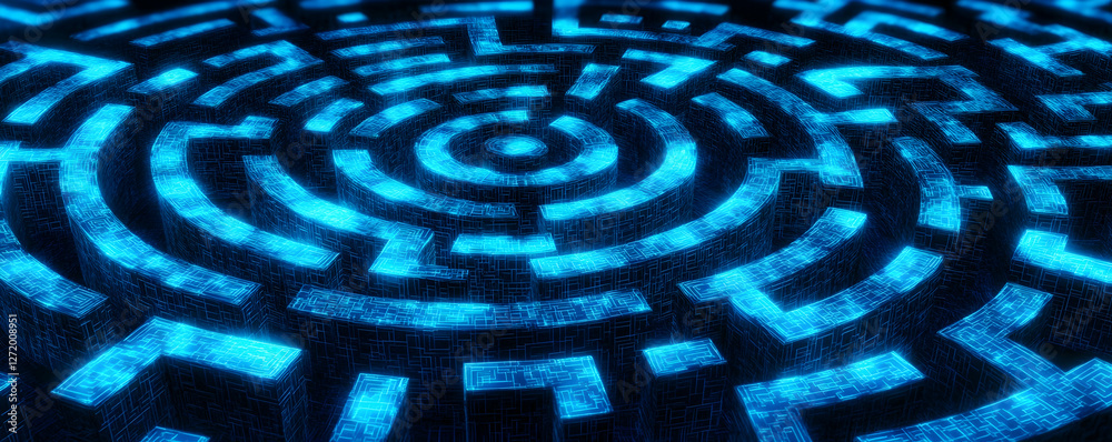 Digital labyrinth background with blue glowing light effects Digital labyrinth background with blue glowing light effects