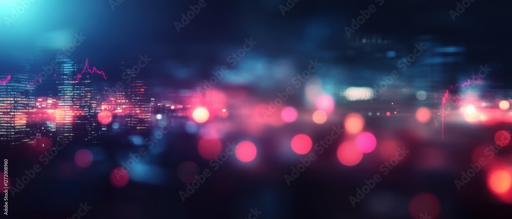 Blurred cityscape at night with bokeh effect and overlaid stock market graph, depicting financial district, urban landscape, and economic trends Concept of finance, investment, and business
