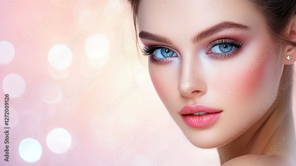 Close-up portrait of a woman with blue eyes and pink makeup. The focus is on the face, highlighting the beauty and color palette. Close-up portrait of a woman with blue eyes and pink makeup. The focus is on the face, highlighting the beauty and color palette.