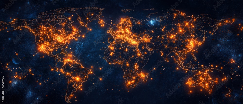 World map at night showing interconnected global network of lights, representing communication, technology, and globalization in a dark, starry space background Concept of global connectivity and inte World map at night showing interconnected global network of lights, representing communication, technology, and globalization in a dark, starry space background Concept of global connectivity and inte