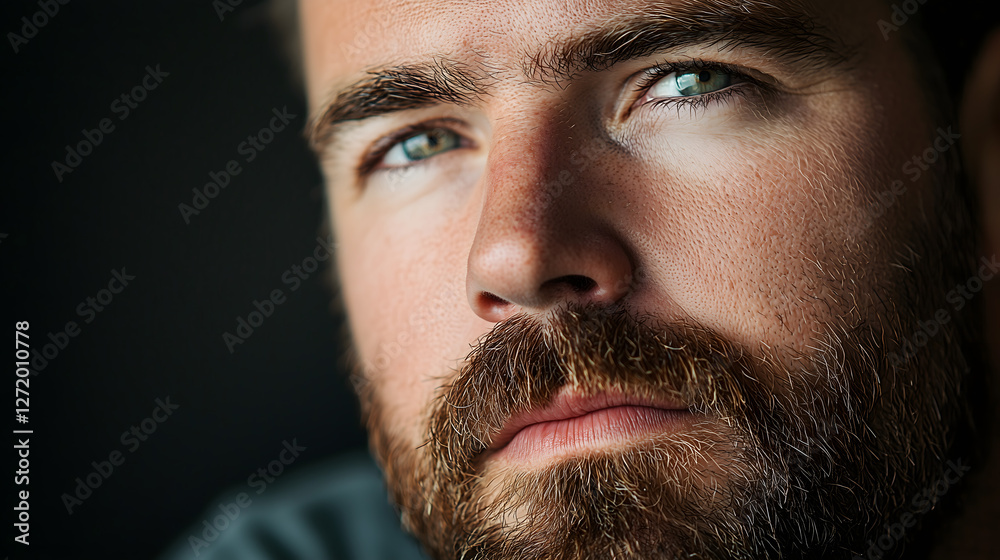 Obraz premium Contemplative Portrait: A close-up shot of a man with a strong beard and intense gaze, bathed in soft light, evokes introspection and raw emotion.