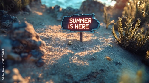 closeup of summer is here sign on a rocky beach