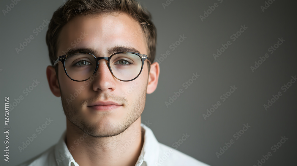 Thoughtful Gaze: A young man, his eyes framed by stylish glasses, gazes directly at the viewer, his expression reflecting a thoughtful and confident demeanor, set against a softly blurred backdrop. Thoughtful Gaze: A young man, his eyes framed by stylish glasses, gazes directly at the viewer, his expression reflecting a thoughtful and confident demeanor, set against a softly blurred backdrop.