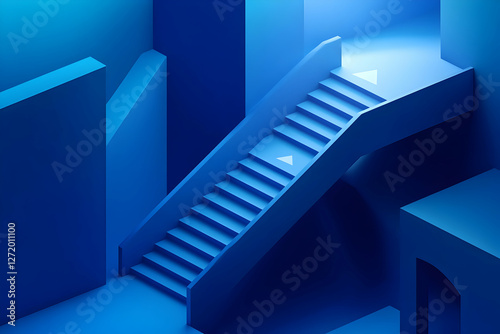 3D isometric stairs going up with an arrow pointing upwards on a blue background