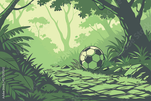  Soccer ball in jungle, lush green foliage, sunbeam through canopy, tropical forest floor, vibrant colors, wide-angle lens, low perspective, detailed textures, natural lighting, contrast, sports mee