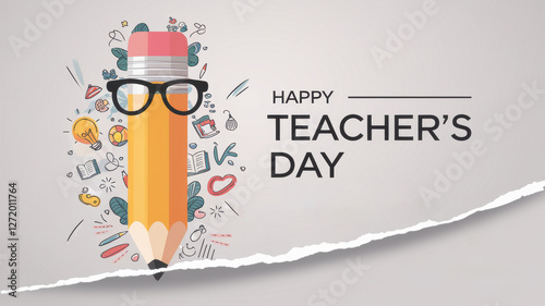A poster for Teacher's Day with an image of a vertical pencil decorated with black glasses symbolizing wisdom and knowledge. The pencil is surrounded by a light bulb, books, graphs.