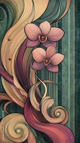 Two orchids dominate an abstract composition of stylized floral forms