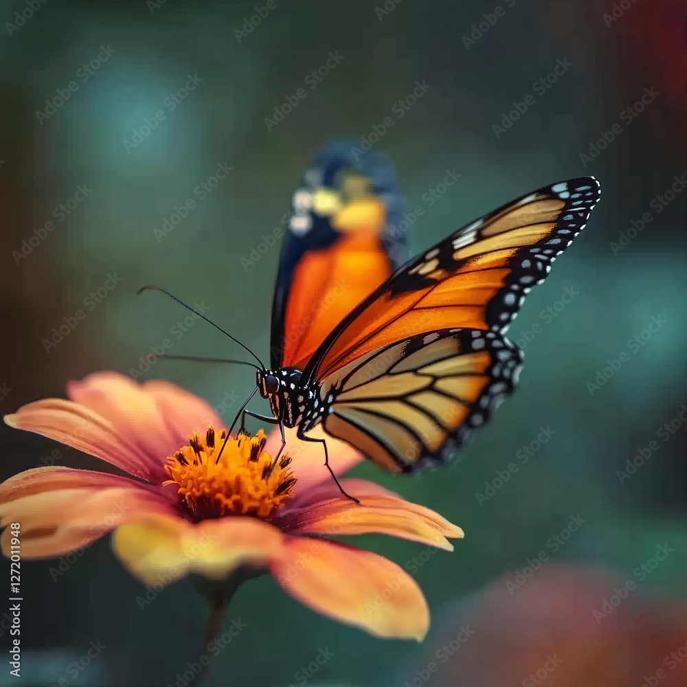 Obraz premium Monarch butterfly on flower, garden background, nature beauty, peaceful scene