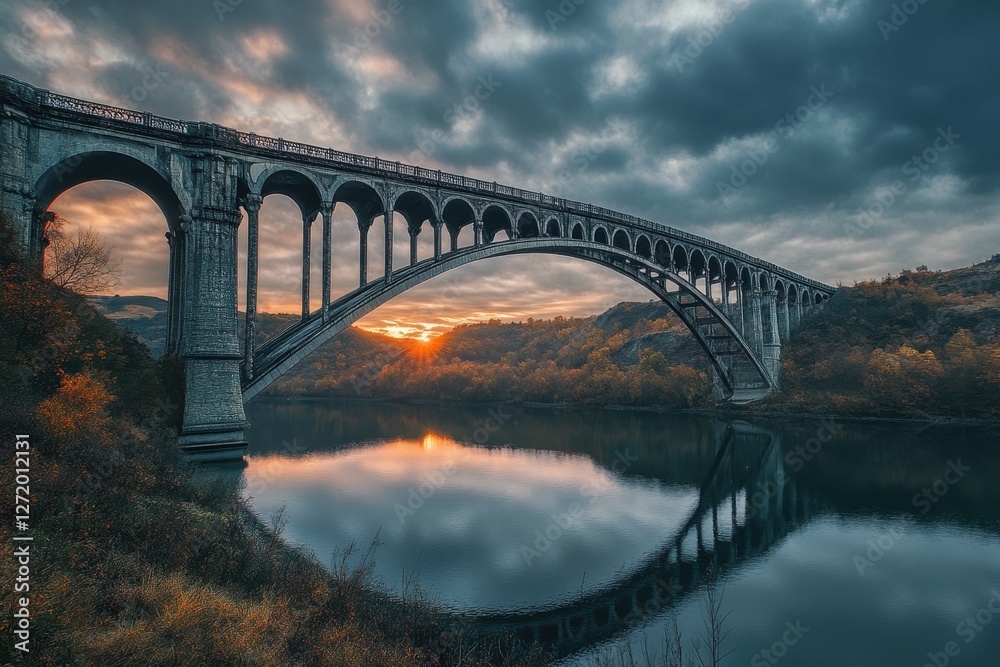 Obraz premium Stunning sunset reflection under a historic arch bridge in a tranquil river setting