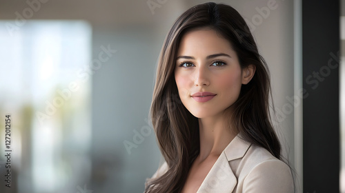 Confident Professional Portrait: A beautiful, poised business woman, dressed in professional attire, exudes confidence with a slight, inviting smile in the background.