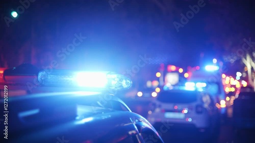 A close-up shot of flashing police lights at an accident scene, with blurred fire trucks and an ambulance in the background responding to the emergency.