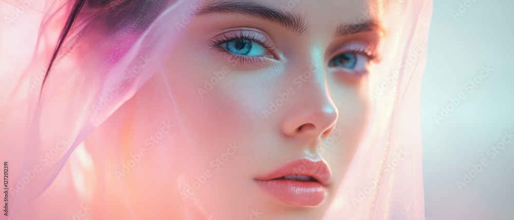 Portrait of a young Caucasian woman with blue eyes and glowing skin, partially covered by a pink veil Beauty, skincare, and cosmetics concept Portrait of a young Caucasian woman with blue eyes and glowing skin, partially covered by a pink veil Beauty, skincare, and cosmetics concept