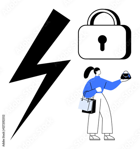 Woman holding key next to large lock and lightning bolt. Ideal for concepts online security, personal empowerment, digital access, protection, unlocking potential, technology safety, strength