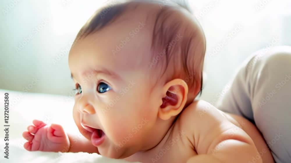 A cute baby with a joyful expression, laughing and playing. The video captures pure innocence and warmth, evoking a sense of happiness and love.