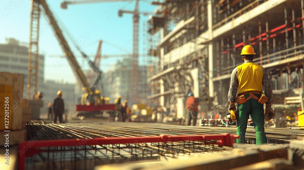 Naklejka premium Construction worker on a busy building site.