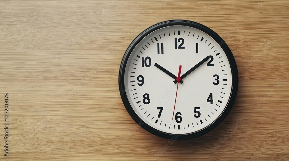 Round Analog Clock on Wooden Background Round Analog Clock on Wooden Background