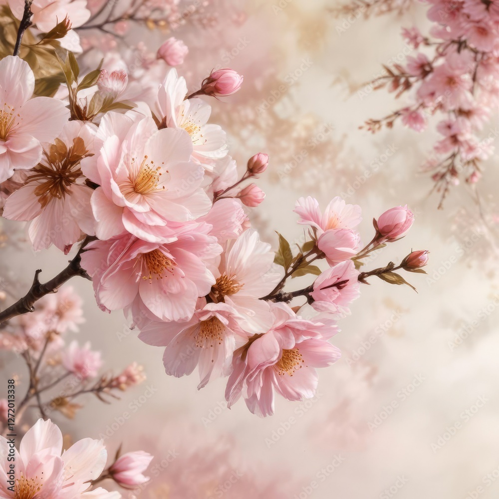 Obraz premium Elegant watercolor print of cherry blossoms and roses in soft pink and golden tones, abstract shapes, artistic technique, feminine, decorative accents