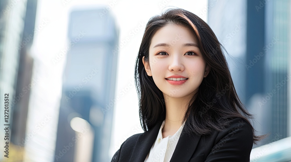 Asian young female professional smiling in cityscape background Asian young female professional smiling in cityscape background
