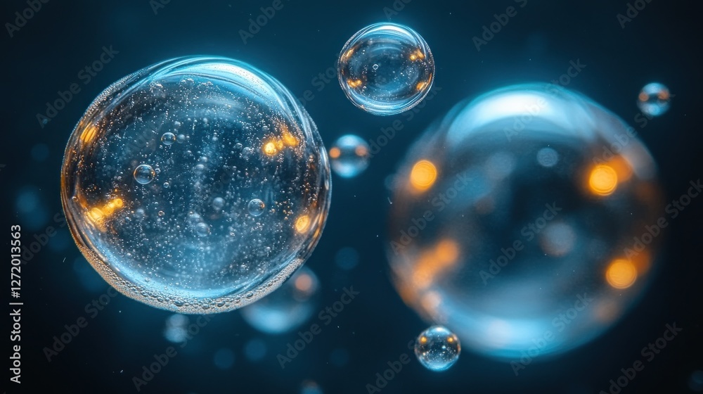 Floating spheres, dark background, glowing particles Floating spheres, dark background, glowing particles