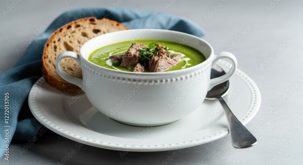 Creamy green soup with tender meat, served with a slice of bread Creamy green soup with tender meat, served with a slice of bread