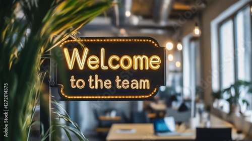 welcome to the team sign on wooden background with friendly office vibe