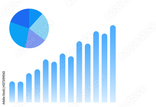 A blue pie chart appears next to a series of blue bars. The pie chart is divided into five sections, each with a different color