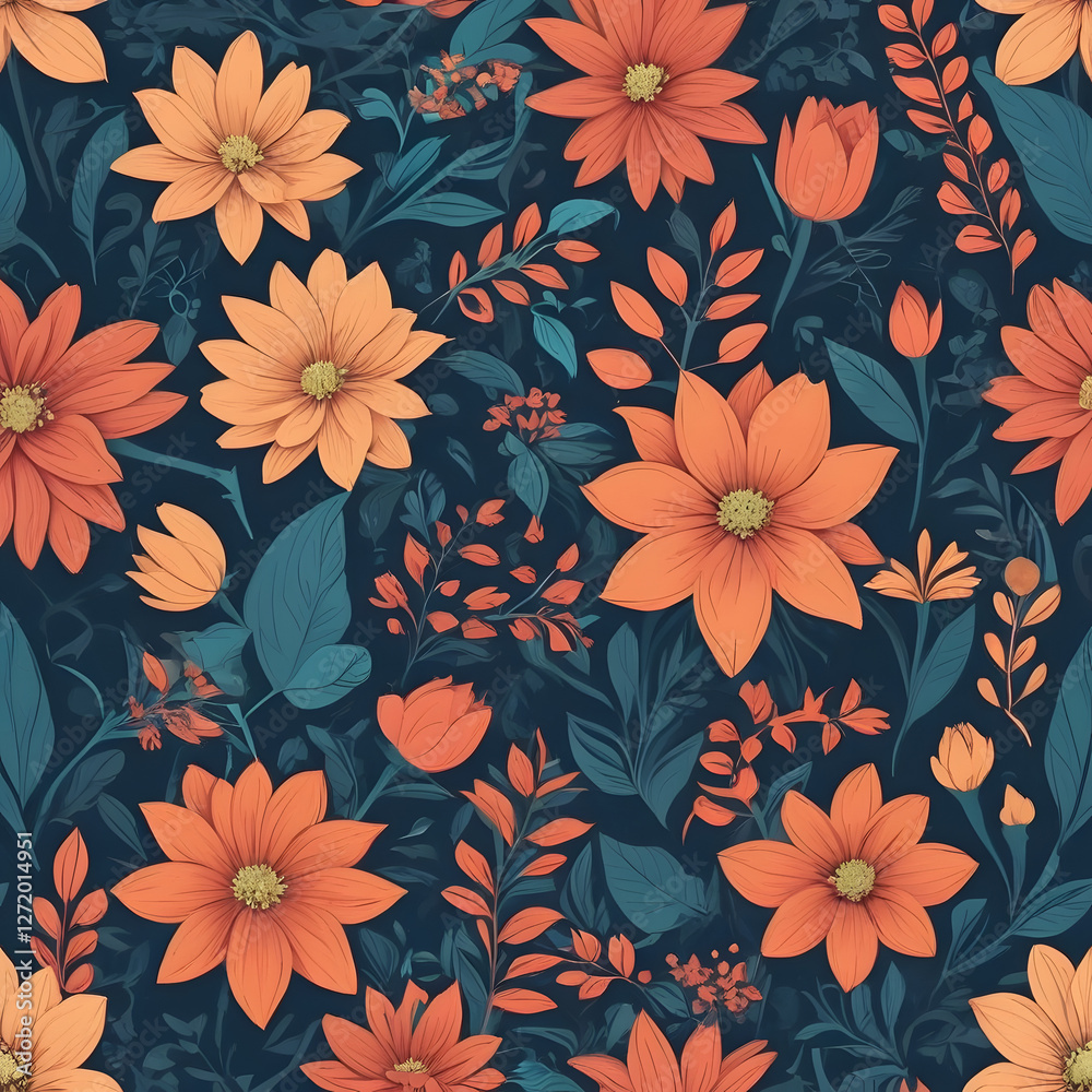 Orange Floral Pattern on Dark Background Orange Floral Pattern on Dark Background