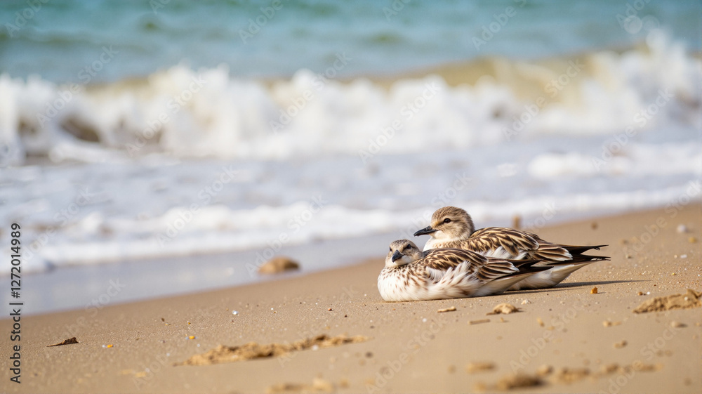 Tired migratory birds resting on sandy shoreline, journey and resilience Tired migratory birds resting on sandy shoreline, journey and resilience