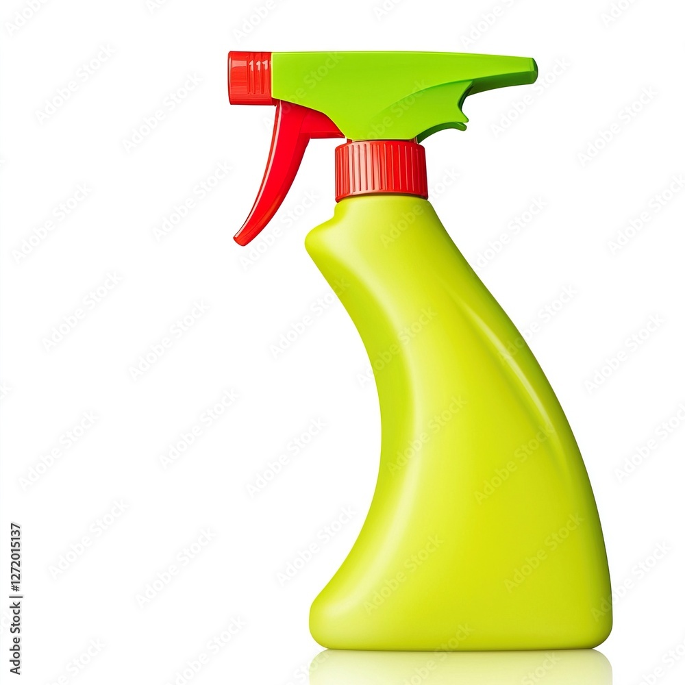 Bright Green Spray Bottle for Cleaning and Household Use, Bathroom Accessories Concept. Bright Green Spray Bottle for Cleaning and Household Use, Bathroom Accessories Concept.