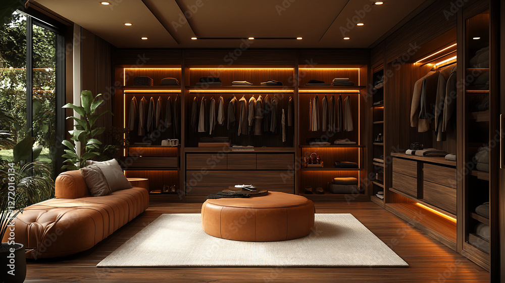 Fototapeta premium Luxurious walk-in closet with elegant wooden furnishings, ambient lighting, and a cozy seating area showcasing modern interior design and style.