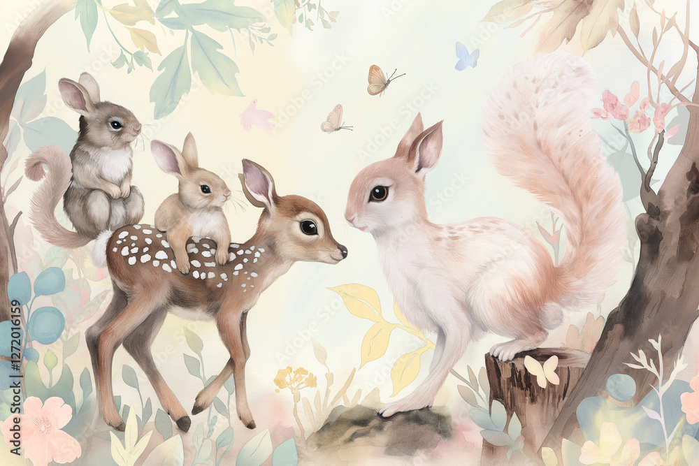 A beautiful watercolor illustration featuring a collection of woodland baby animals in soft pastel colors A beautiful watercolor illustration featuring a collection of woodland baby animals in soft pastel colors