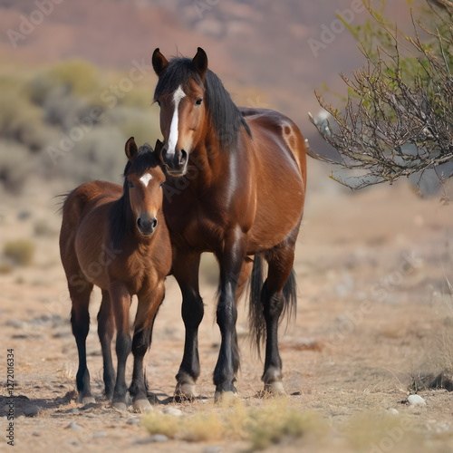 wild horse and foal in the desert