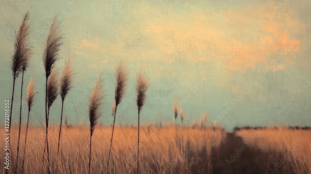 Obraz premium Tall pampas grass stalks sway in a golden field under a soft twilight sky during sunset.