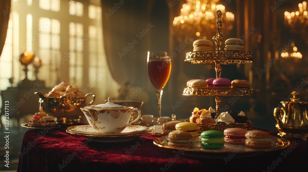 Fototapeta premium Elegant afternoon tea setup in a luxurious palace setting with pastries and tea.