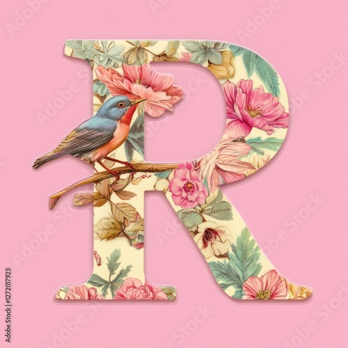 Floral Letter R with Bird Design photo