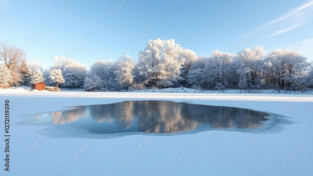 Frozen pond on a winter afternoon in the countryside with snow-covered trees and a blue sky, countryside scenery, frozen water, snowy landscape Frozen pond on a winter afternoon in the countryside with snow-covered trees and a blue sky, countryside scenery, frozen water, snowy landscape