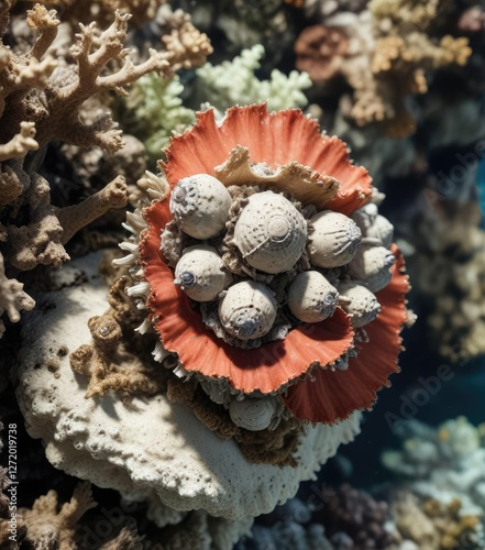 Closeup of Acorn barnacle Semibalanus balanoides attached to a coral reef, benthic organisms, crustacean photo