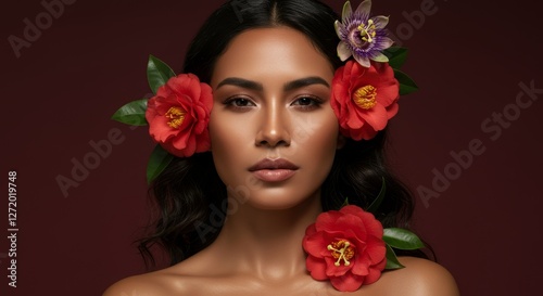 A stunning Latina woman with warm honey-toned skin and wavy dark hair, intertwined with red camellias and passionflowers