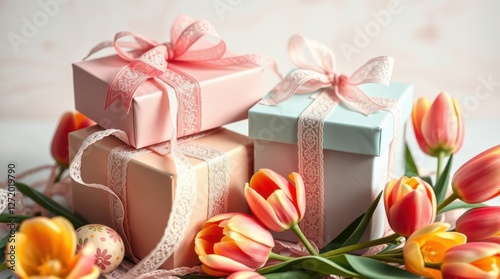 Delicate gifts and spring tulips create a pastel palette of celebration and giving for special occasions.