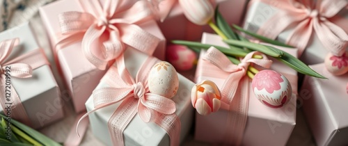 Elegant Easter gifts: Pastel presents with delicate pink bows and painted eggs, tulips adding spring flair.