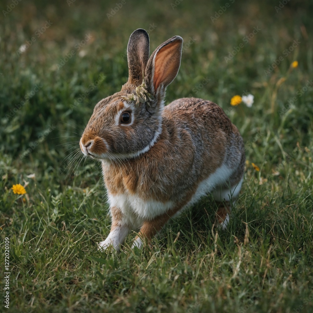 Fototapeta premium A peaceful scene of a rabbit hopping through a blooming meadow. A rabbit hopping through a meadow. A rabbit in a quaint, small cage in a peaceful meadow filled with vibrant wildflowers. Photograph a 