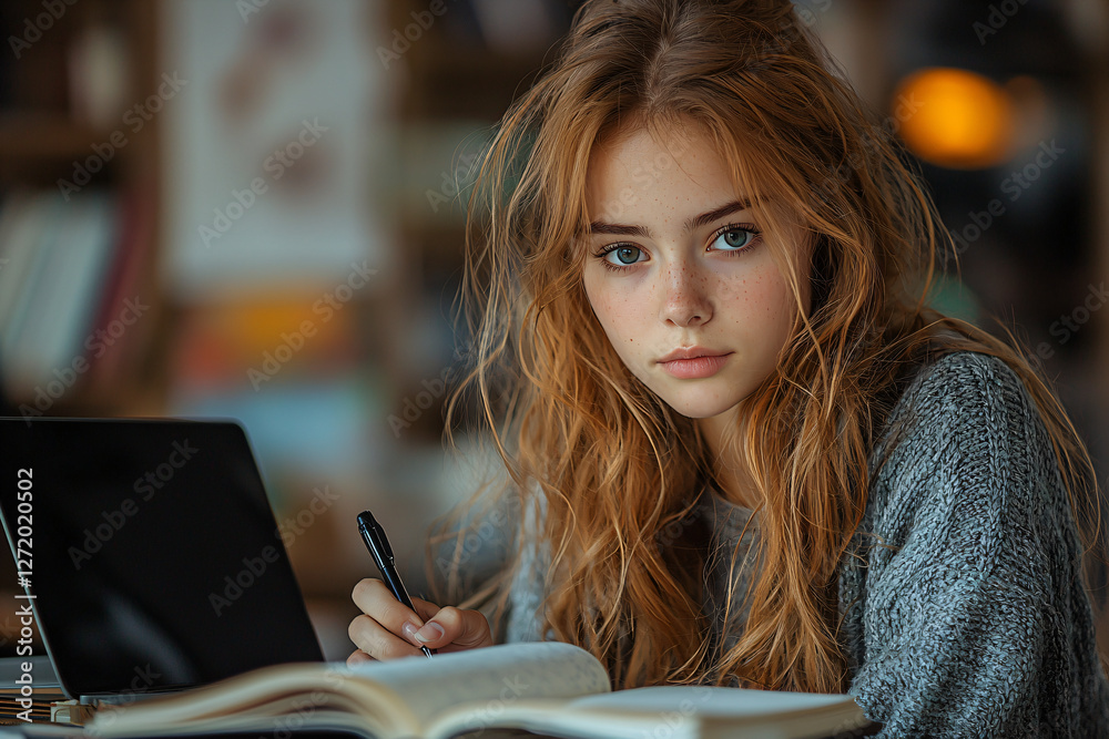 teenager girl Doing Homework at Tidy Study Desk – Hyper-Realistic Academic Scene teenager girl Doing Homework at Tidy Study Desk – Hyper-Realistic Academic Scene