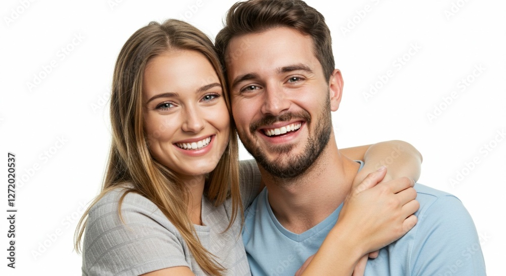 Happy young couple hugging and smiling for the camera against a white background.
Happy young couple hugging and smiling for the camera against a white background.