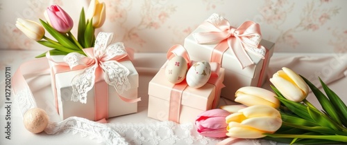 Elegant gift presentation with pastel flowers, delicate ribbons, patterned Easter eggs, and a floral backdrop.