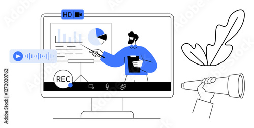 Person presenting data charts on a screen, play and record buttons, HD video indicator, leaf, hand with binoculars. Ideal for remote work, virtual meetings, online education, webinars business