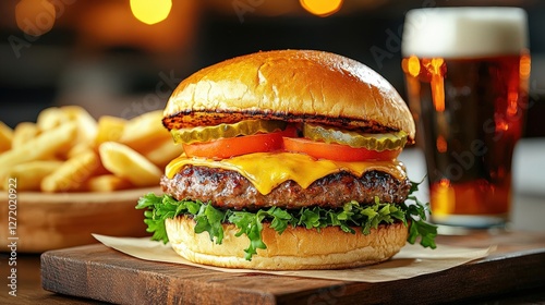 Juicy cheeseburger with fries and beer