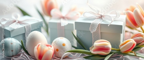 Elegant Easter gifts and eggs surrounded by soft pink tulips create a fresh and festive atmosphere.