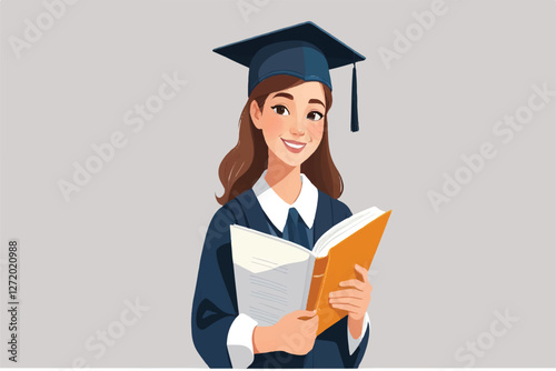 Portrait of a smiling young female college student wearing square academic cap and holding book, isolated on transparent background